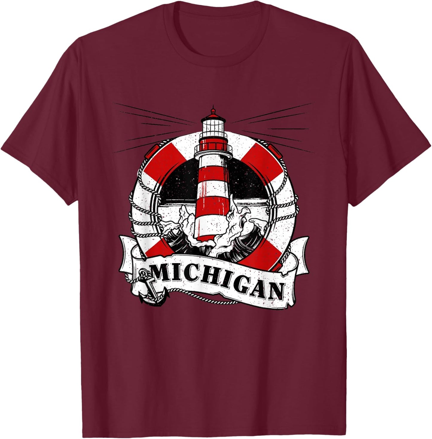Vintage Michigan Great Lakes Lighthouse Travel Souvenir T-Shirt - T-Shirt | Maroon