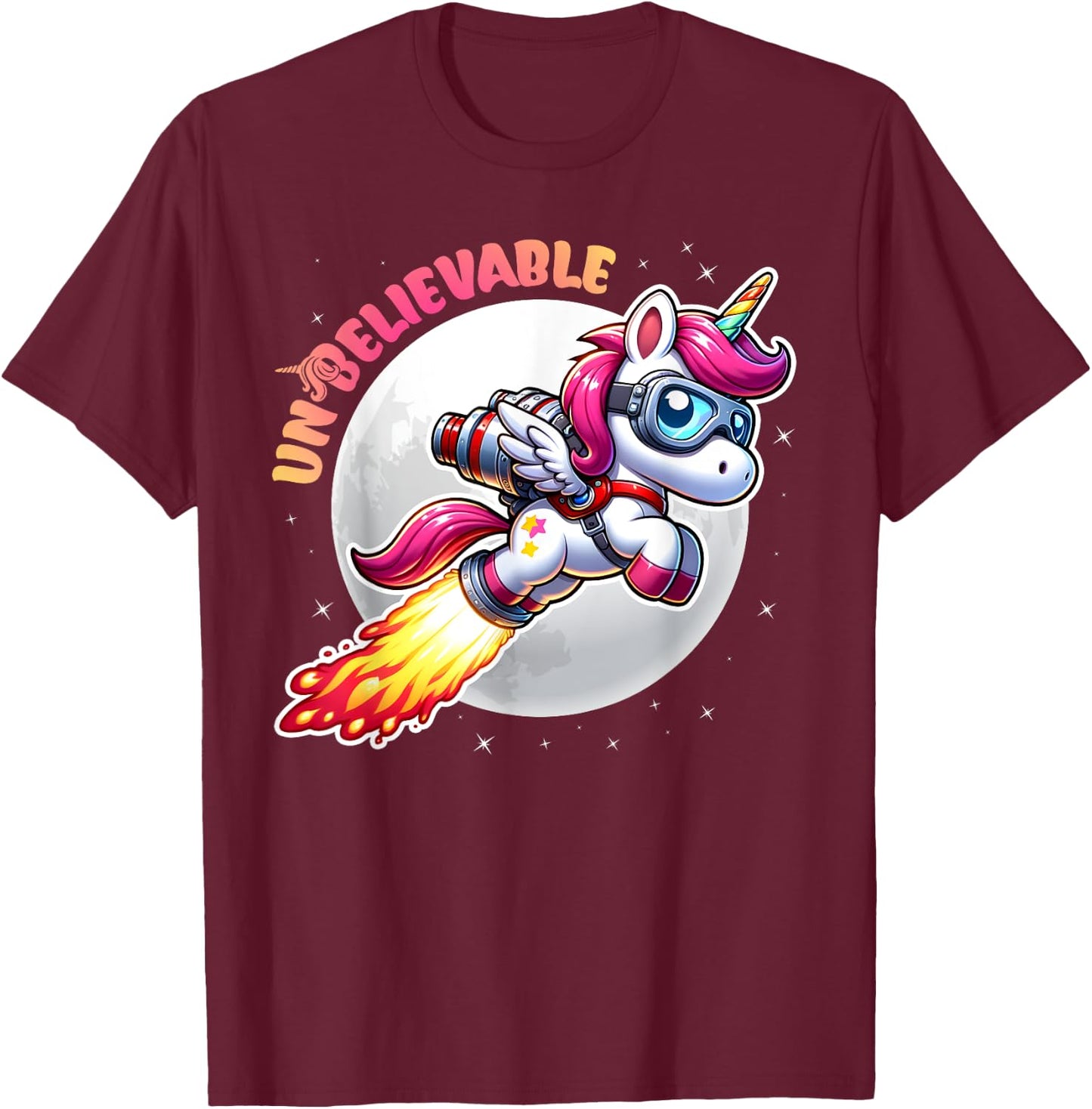 Unbelievable Unicorn Jetpack Moon Adventure T-Shirt - T-Shirt | Maroon