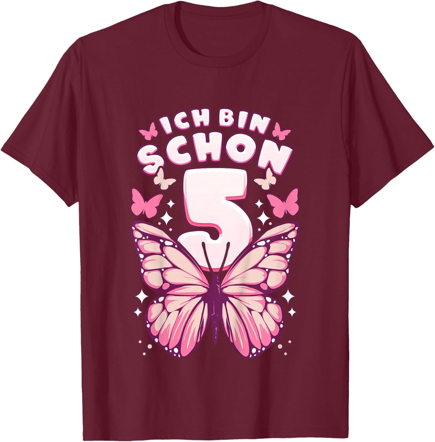 Geburtstag Mädchen 5 Jahre, Schmetterlinge und Nummer 5 T-Shirt - T-Shirt | Maroon