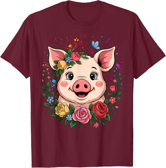 Cute Pig Lover Art Girls Unique Piggy Related T-Shirt - T-Shirt | Maroon