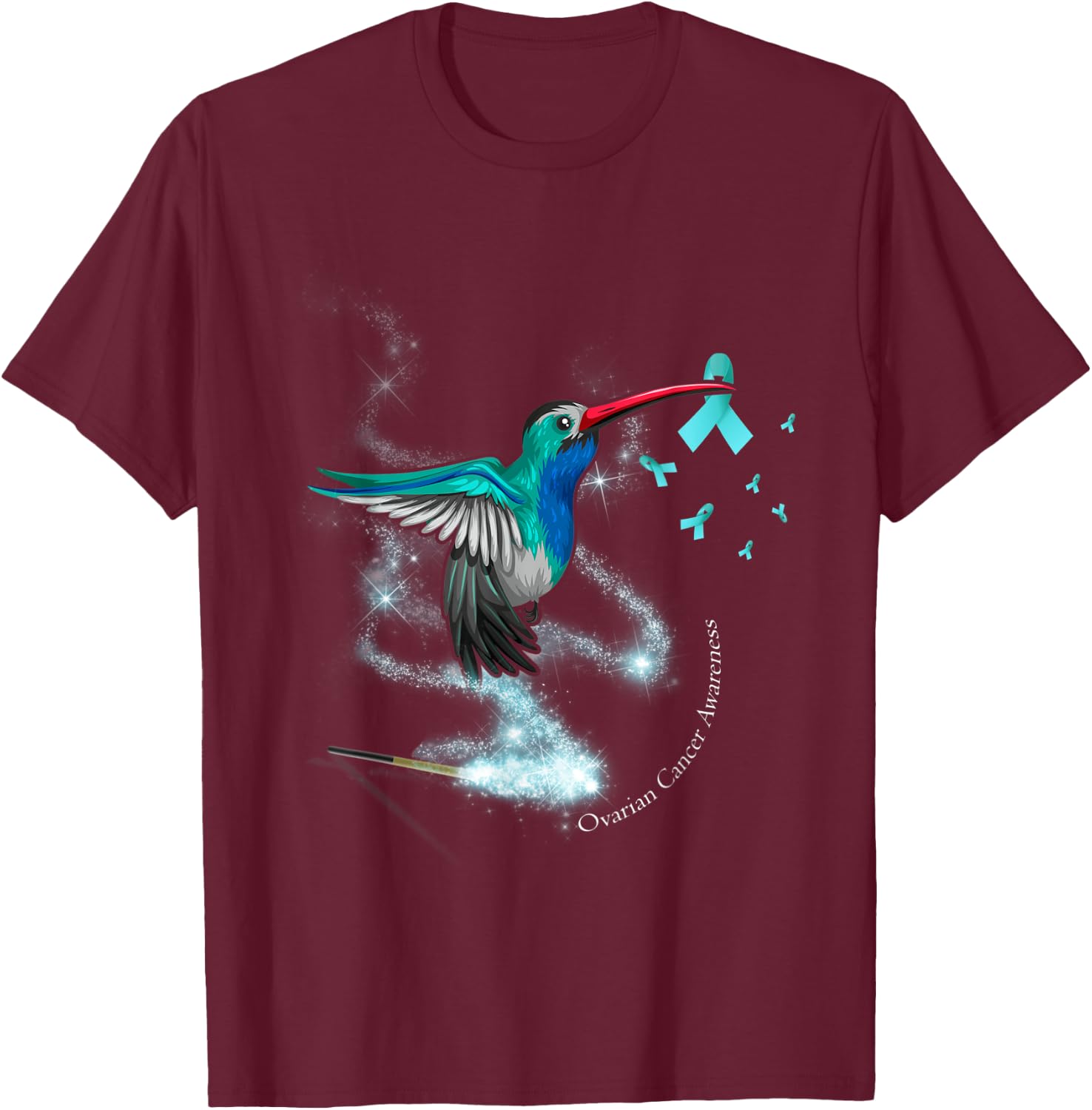 Hummingbird Holding Teal Ribbon Ovarian Cancer Awareness T-Shirt - T-Shirt | Maroon
