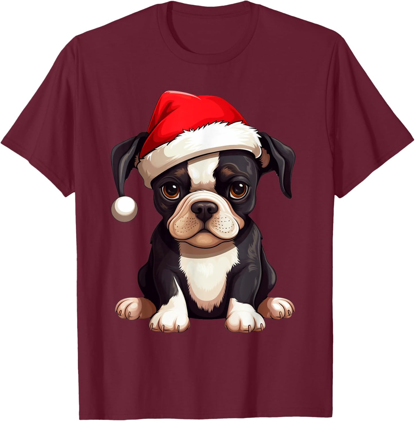Christmas Boston Terrier Dog Santa Hat Funny Xmas Kids T-Shirt - T-Shirt | Maroon