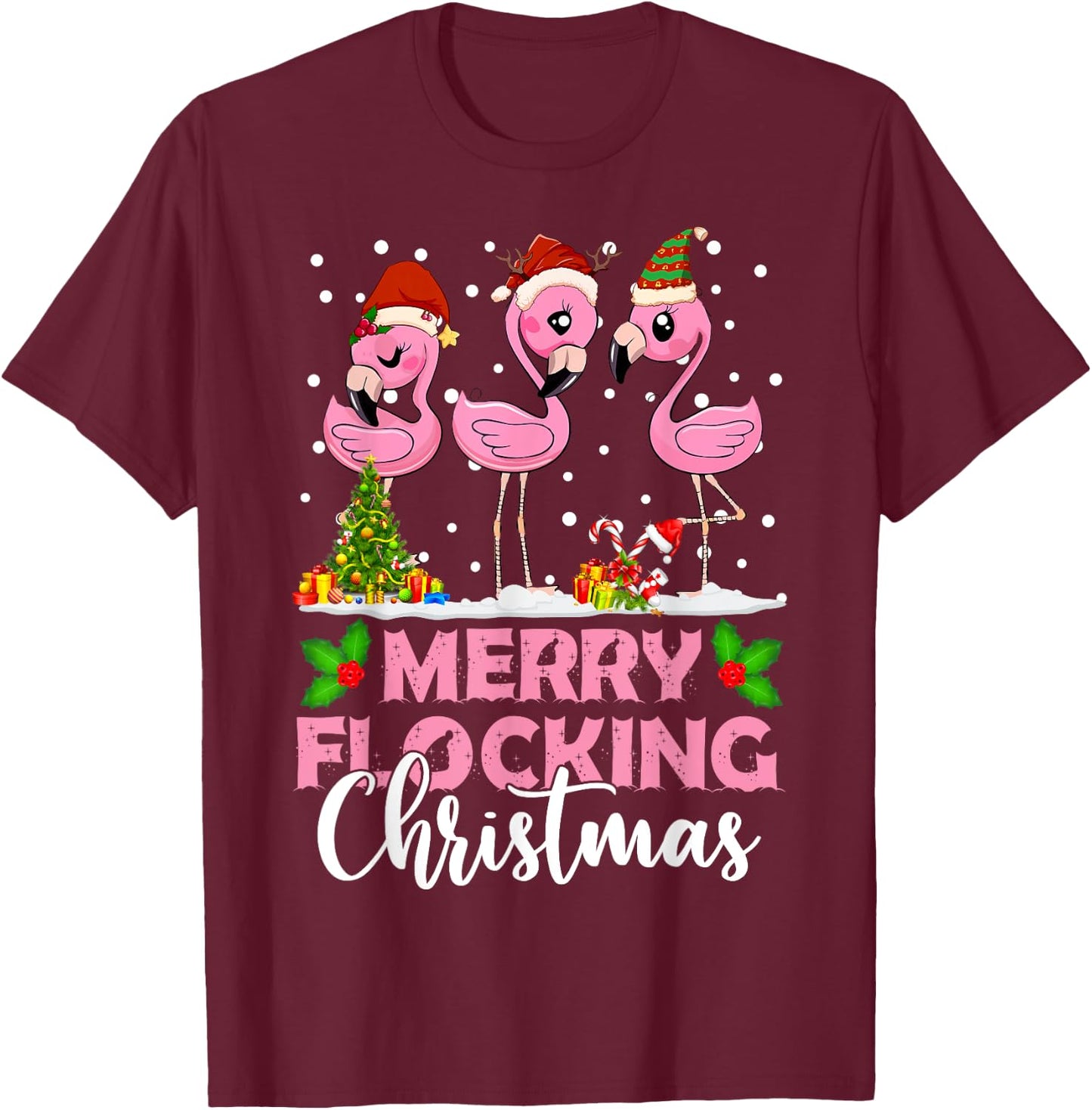 Merry Flocking Christmas Funny Pink Flamingo Santa Hat T-Shirt - T-Shirt | Maroon