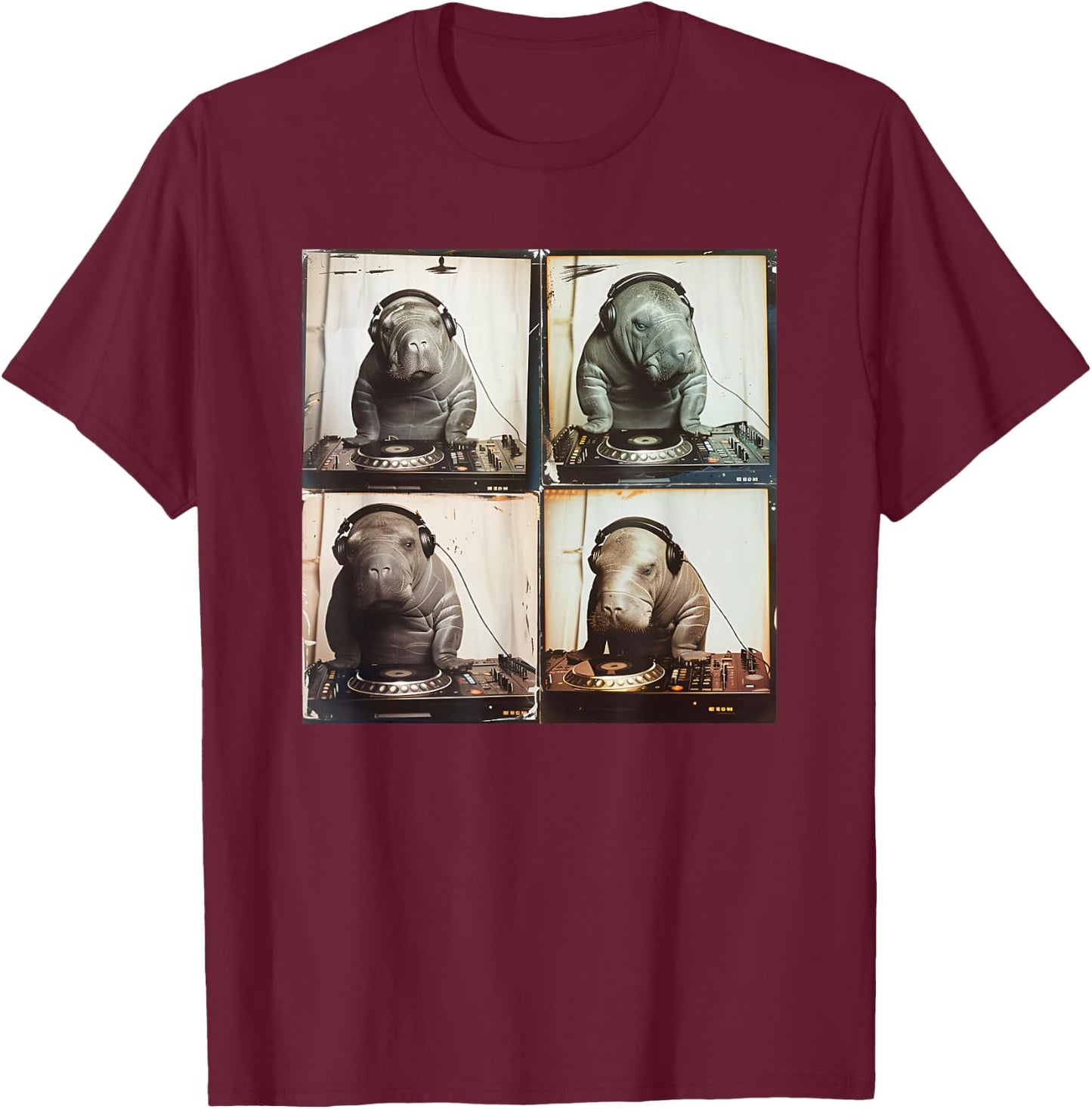 EDM DJ Manatee On Decks Vinyl Turntable Funny Manatee T-Shirt - T-Shirt | Maroon