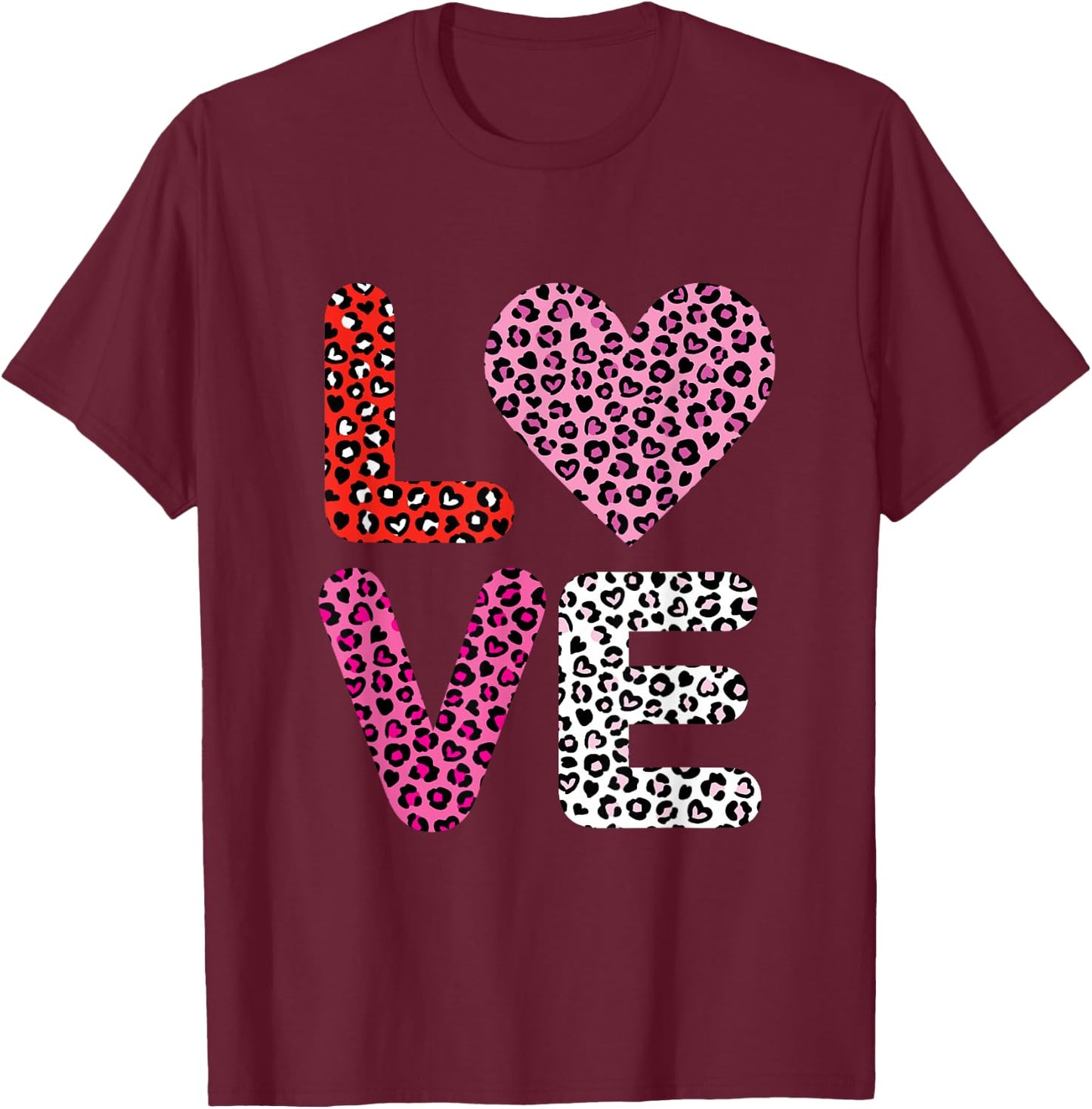 Love Heart Cute Valentine's Day Leopard Cheetah Print T-Shirt - T-Shirt | Maroon