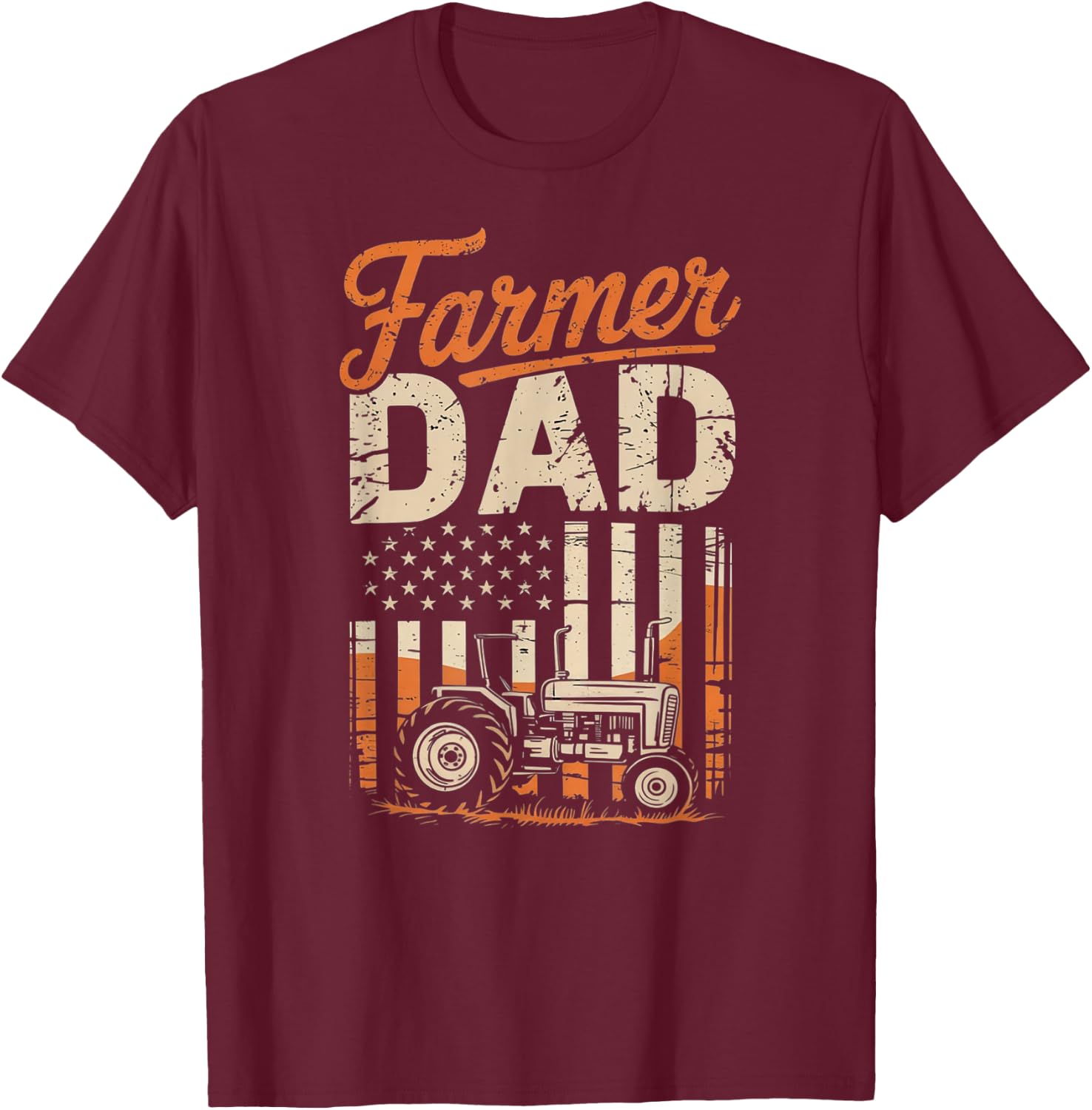 Farmer Dad Tractor and American Flag Fathers Farming T-Shirt - T-Shirt | Maroon