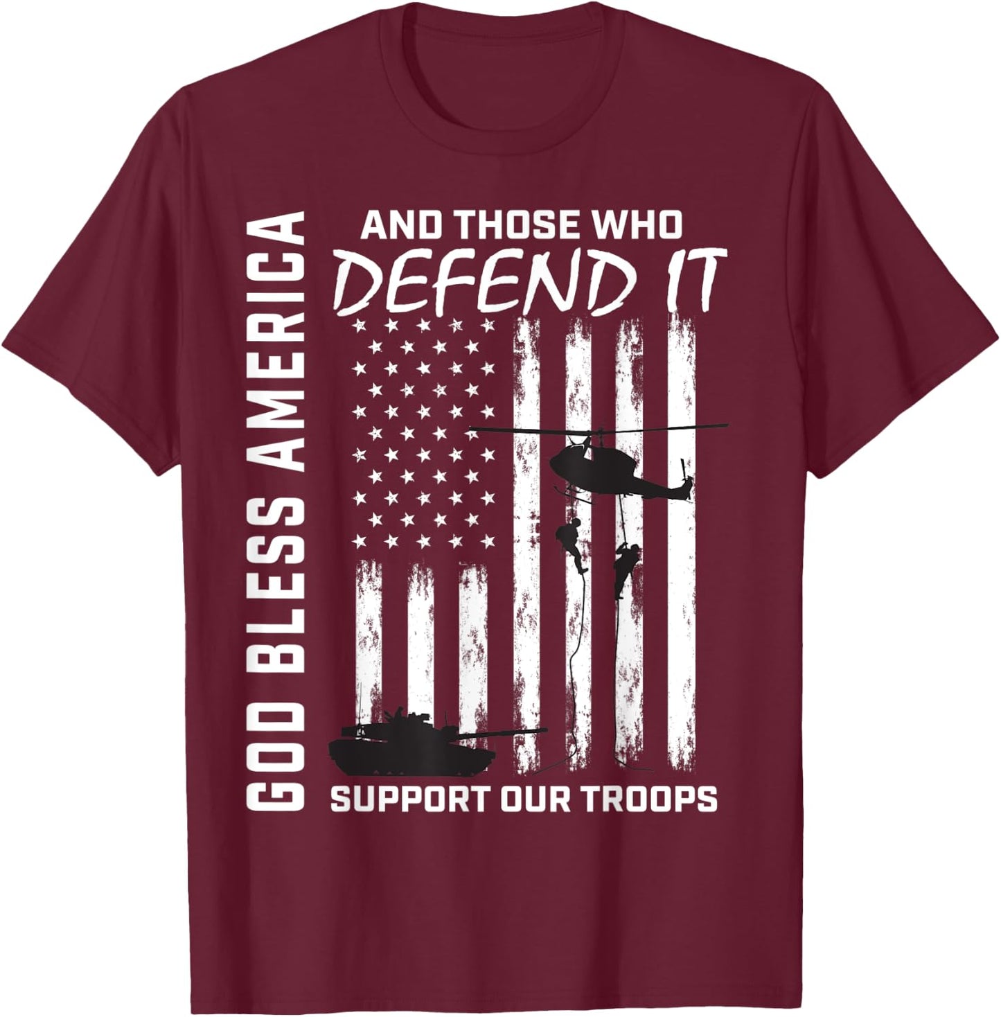 God Bless America Support Our Troops Veterans American Flag T-Shirt - T-Shirt | Maroon
