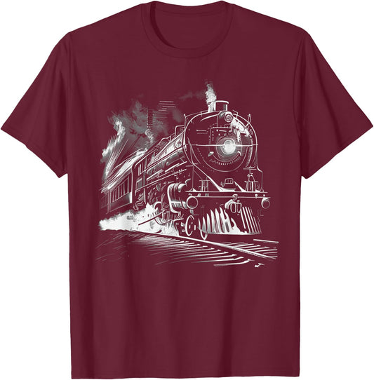 Steam Train Locomotive Train Vintage Train , Black, S T-Shirt - T-Shirt | Maroon