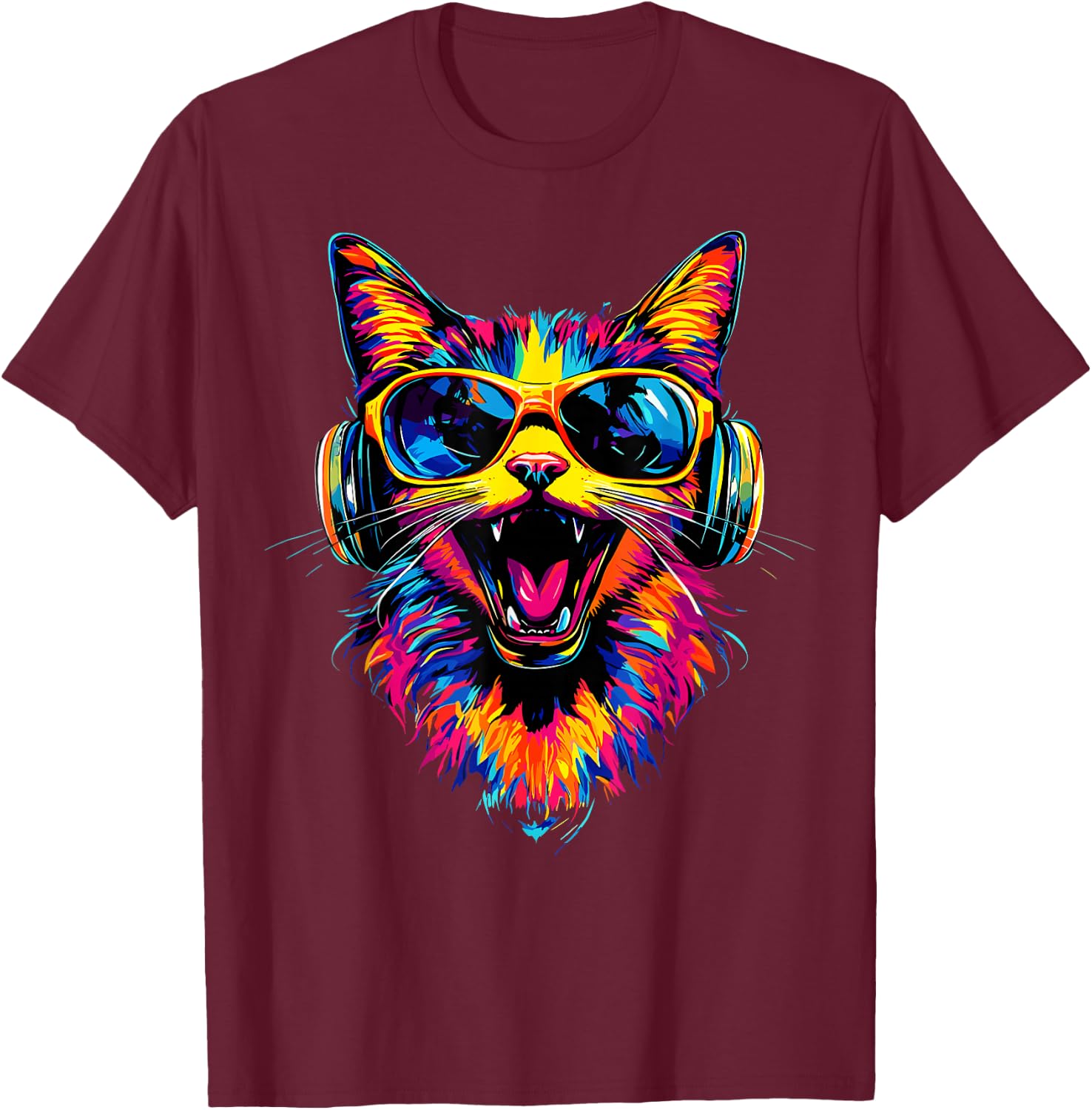Cat Sunglasses Helmet Colorful Rainbow Cats , Black, S T-Shirt - T-Shirt | Maroon