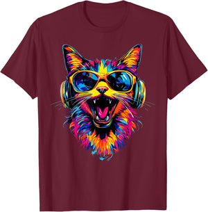 Cat Sunglasses Helmet Colorful Rainbow Cats , Black, S T-Shirt - T-Shirt | Maroon
