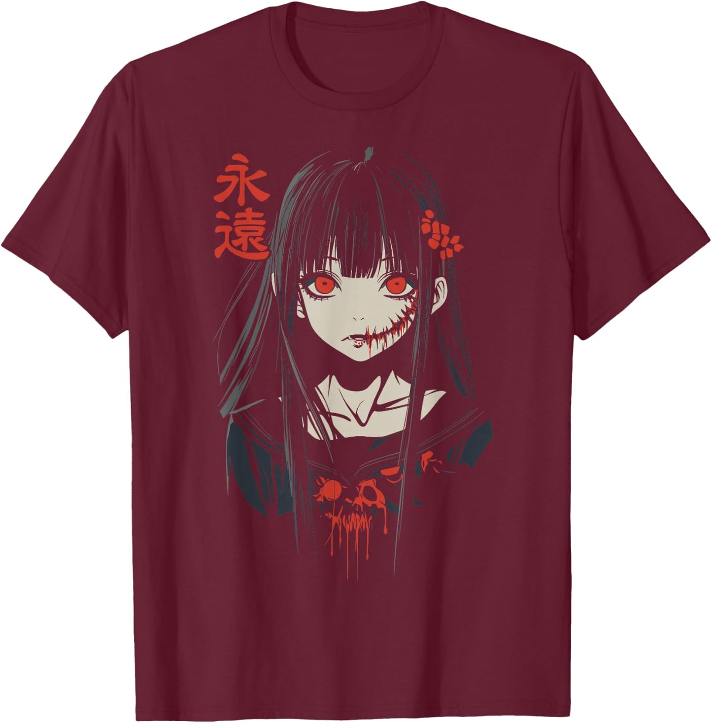 Anime Horror Girl Aesthetic Soft Grunge Waifu Japanese Girl T-Shirt - T-Shirt | Maroon