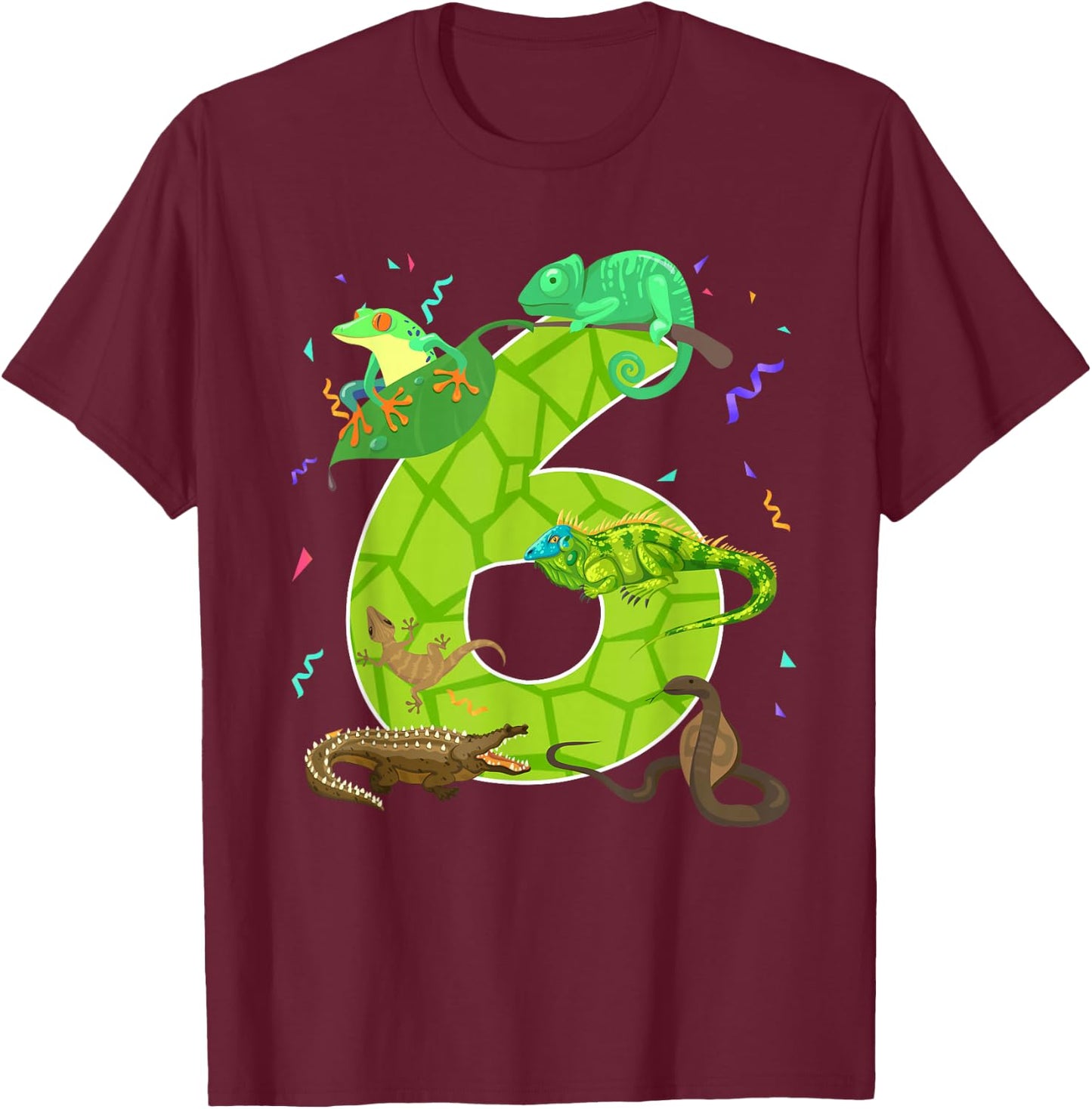 6 Year Old Boys Girls 6th Reptile Theme Birthday Party T-Shirt - T-Shirt | Maroon