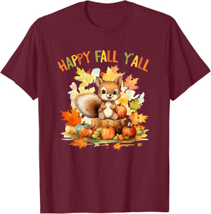 Happy Fall Squirrel Pumpkin Fall Outfits Autumn Thanksgiving T-Shirt - T-Shirt | Maroon
