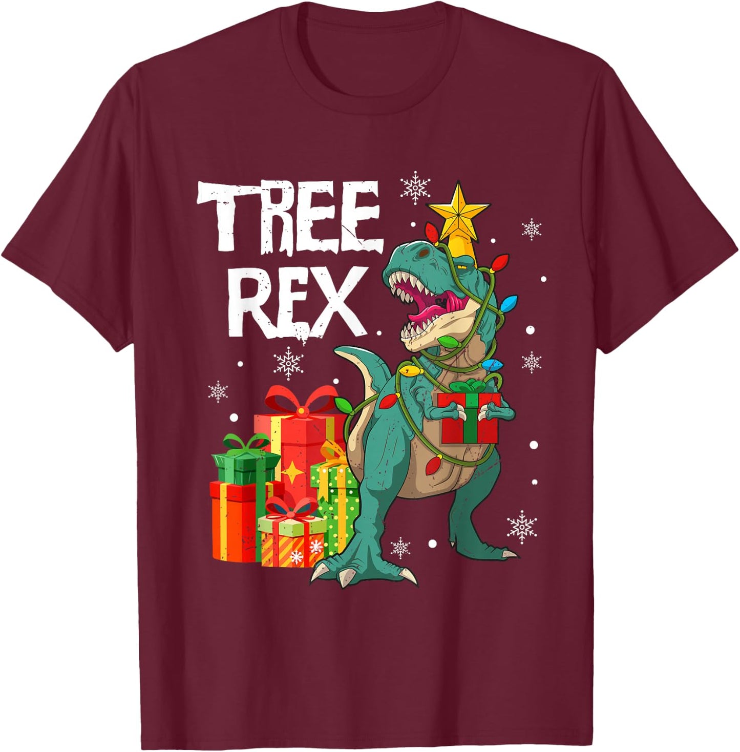 Dinosaur T Rex Christmas Tree Lights Pajamas Men Boys Kids T-Shirt - T-Shirt | Maroon