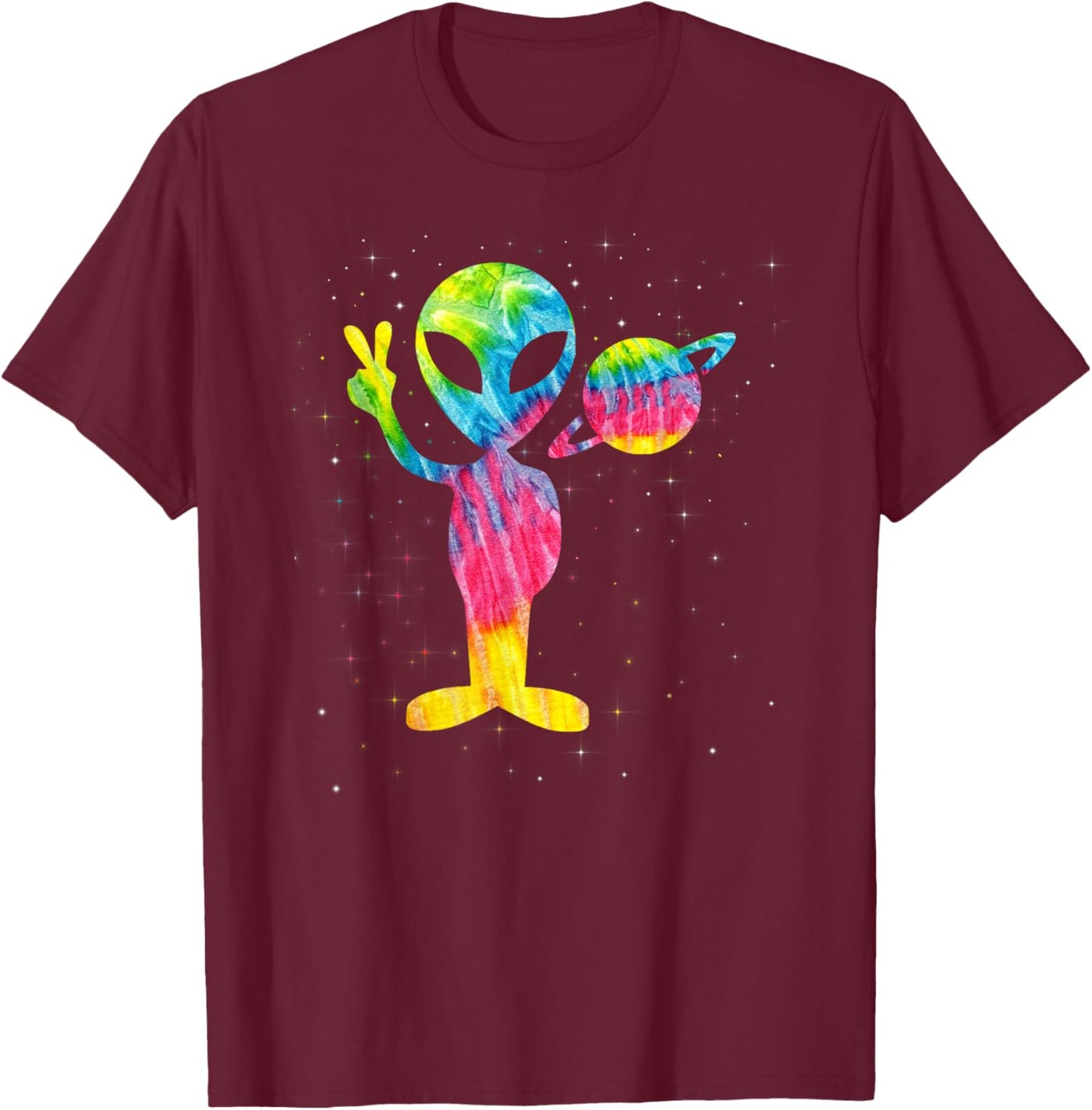 Vintage 1970s Tie Dye Groovy Alien Peace Retro T-Shirt - T-Shirt | Maroon