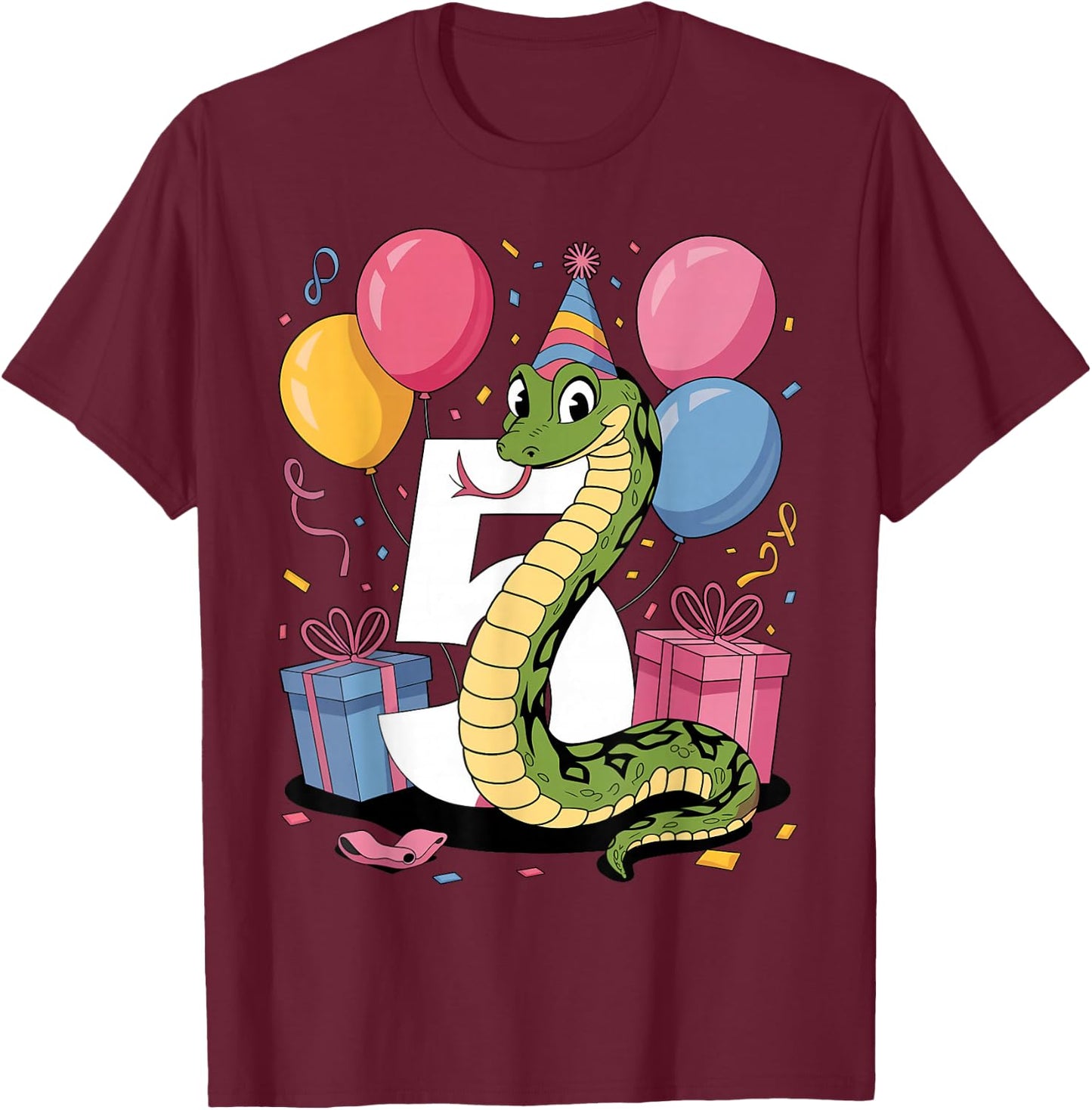 Snake 5th birthday for boy girl 5 years old fifth five Snake T-Shirt - T-Shirt | Maroon