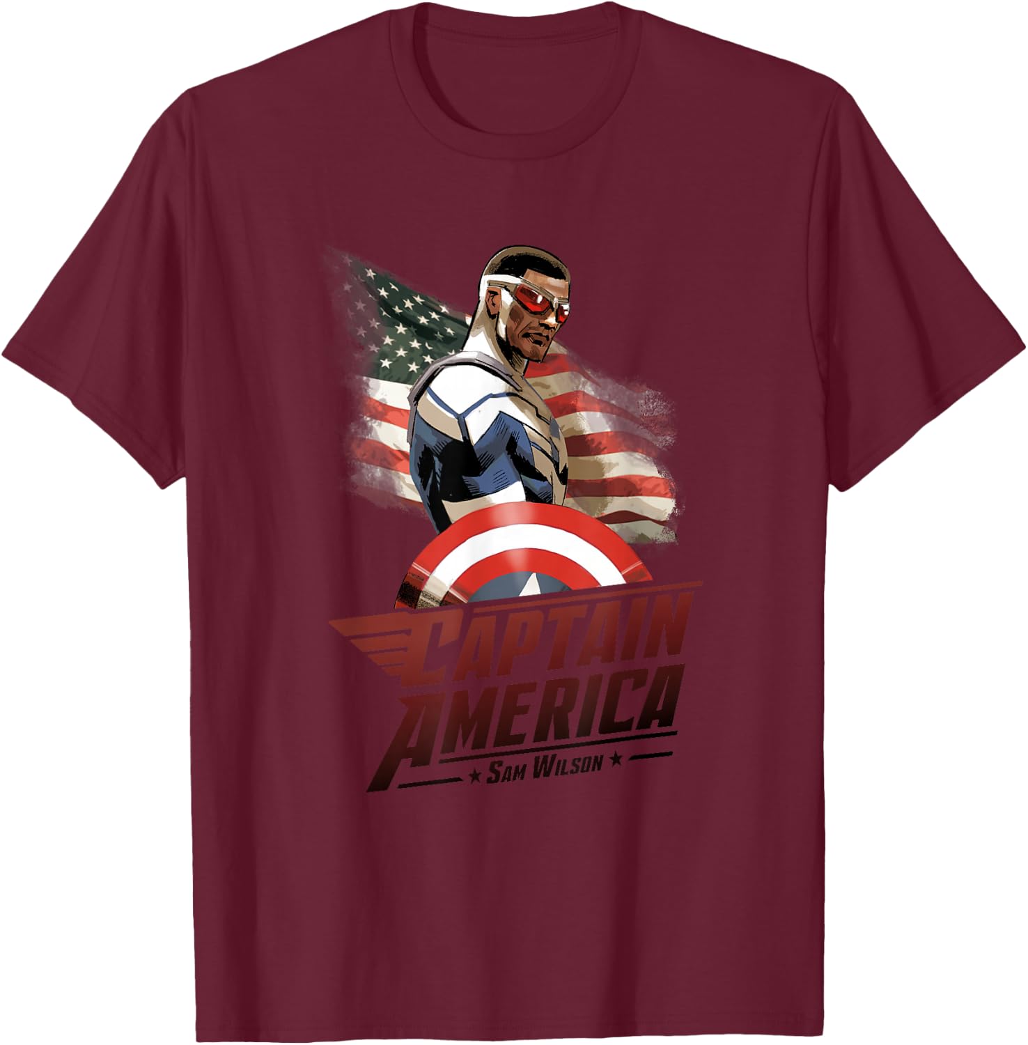 Marvel Avengers Sam Wilson Captain America Flag T-Shirt - T-Shirt | Maroon
