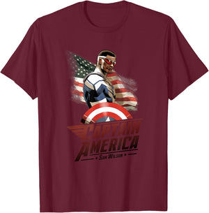 Marvel Avengers Sam Wilson Captain America Flag T-Shirt - T-Shirt | Maroon