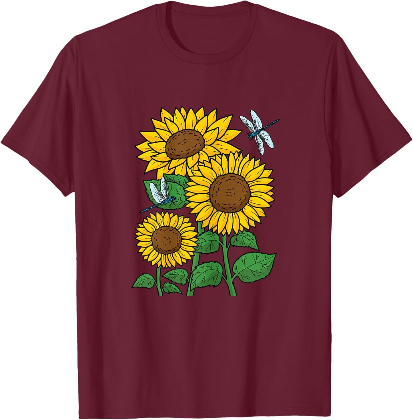 Sunflower Wildflower Dragonfly Floral Flower Women Girls T-Shirt - T-Shirt | Maroon