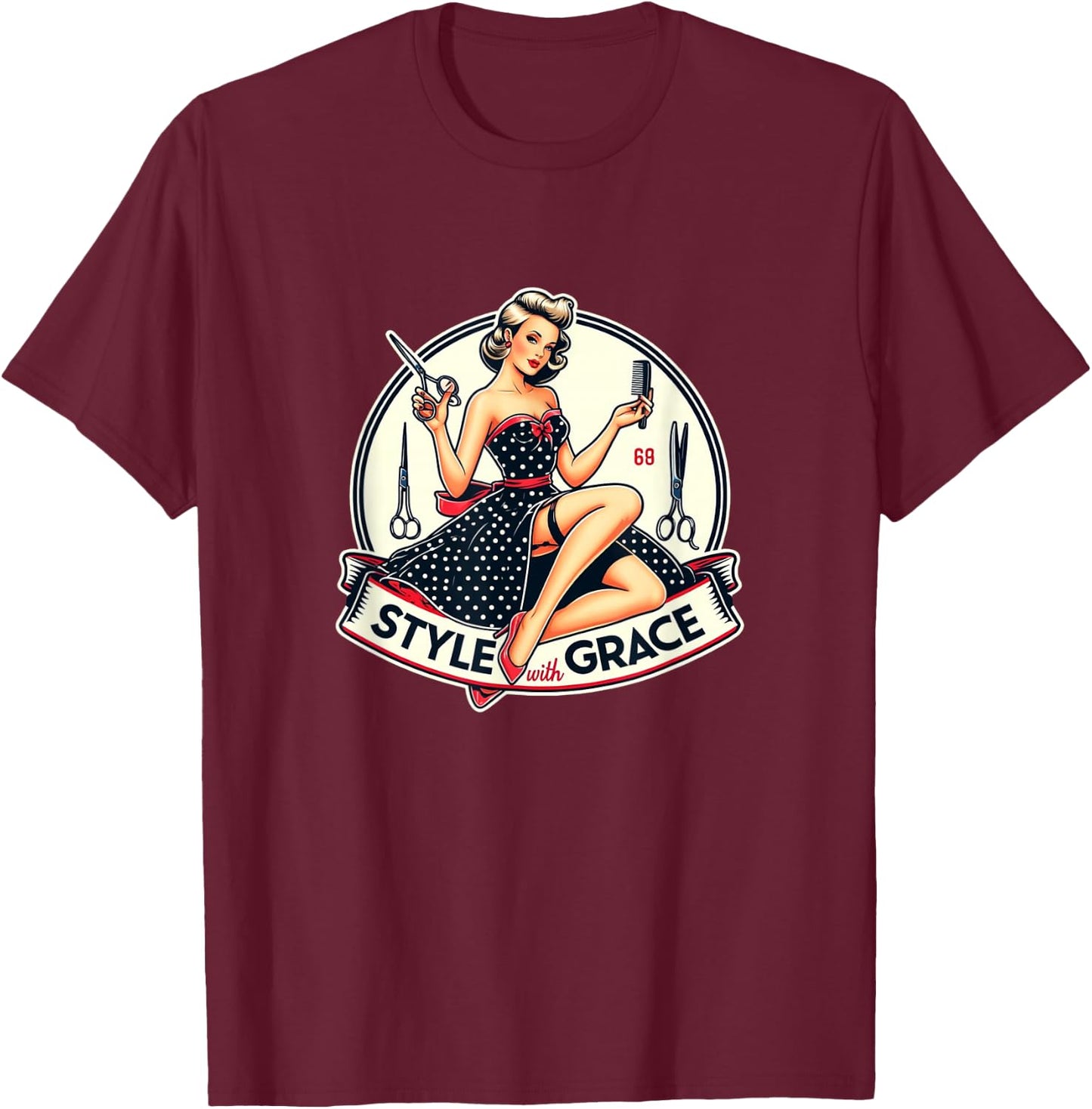 Style With Graphic Pin-Up Grace - S25 , Black, S T-Shirt - T-Shirt | Maroon