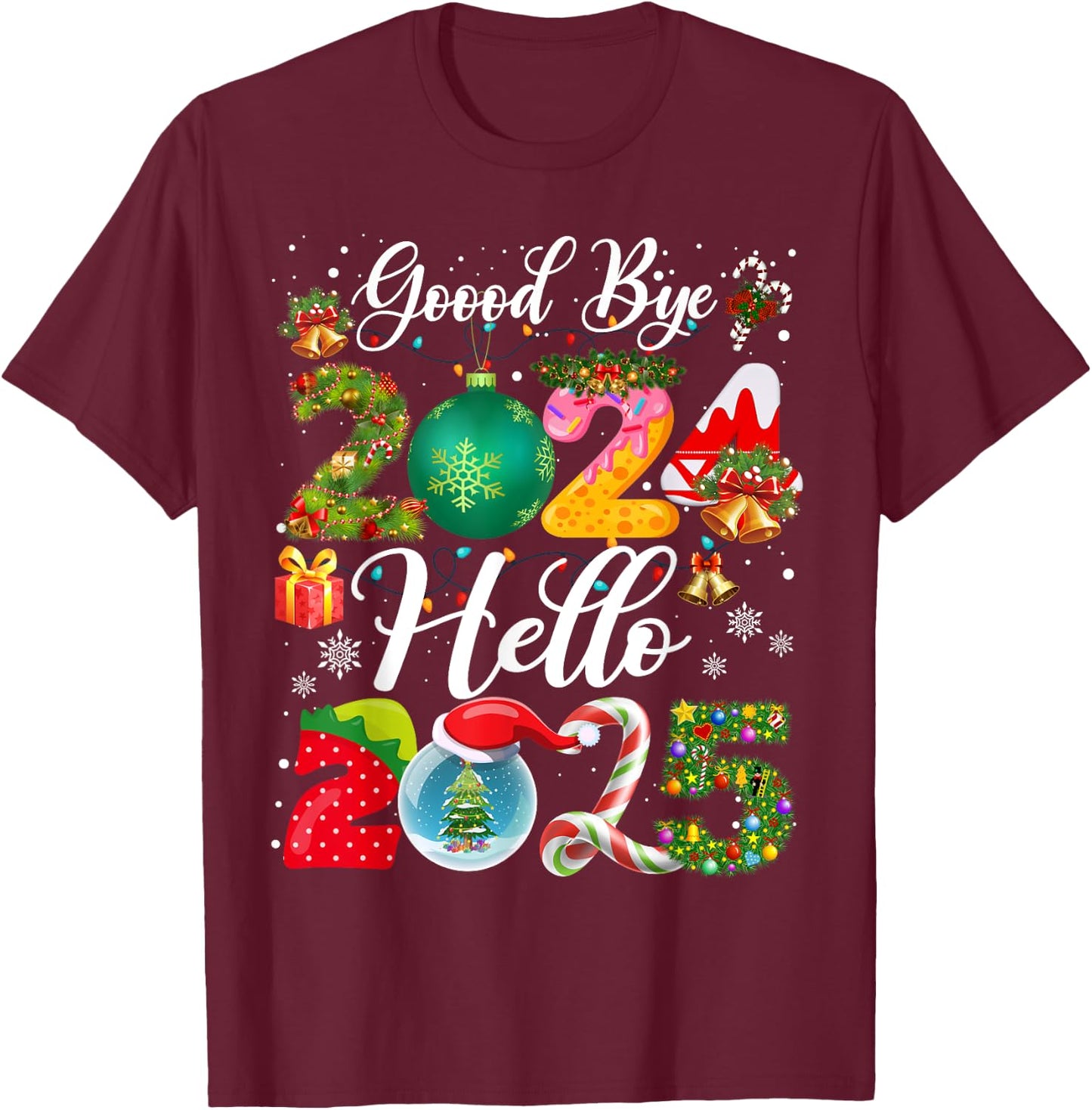 Christmas and New Year Family Matching Outfit Goodbye 2024 Hello 2025 Happy New Year's Eve Christmas Xmas - Black, -Adults & Kids, Short Sleeve, Small, Classic Fit, Cotton Blend T-Shirt - T-Shirt | Maroon