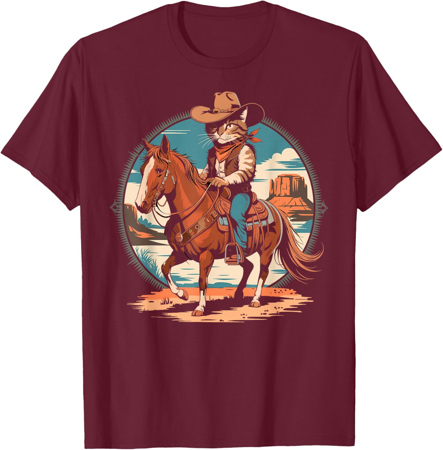 Cowboy Cat Horse Rider Western Texas Meowdy Funny Cats Lover T-Shirt - T-Shirt | Maroon