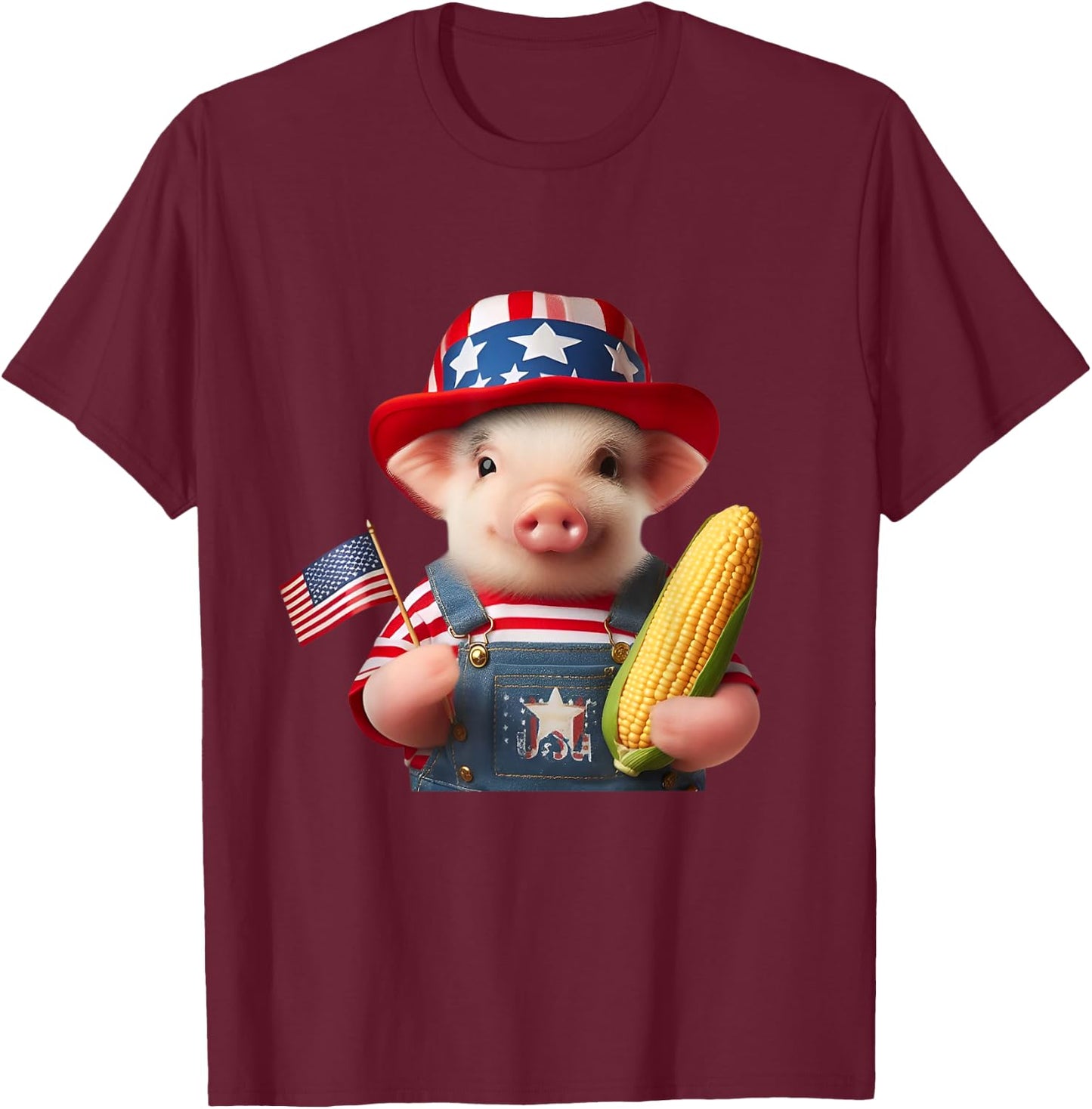 4th of July Pig American Us Flag Patriotic Corn 4th of July T-Shirt - T-Shirt | Maroon