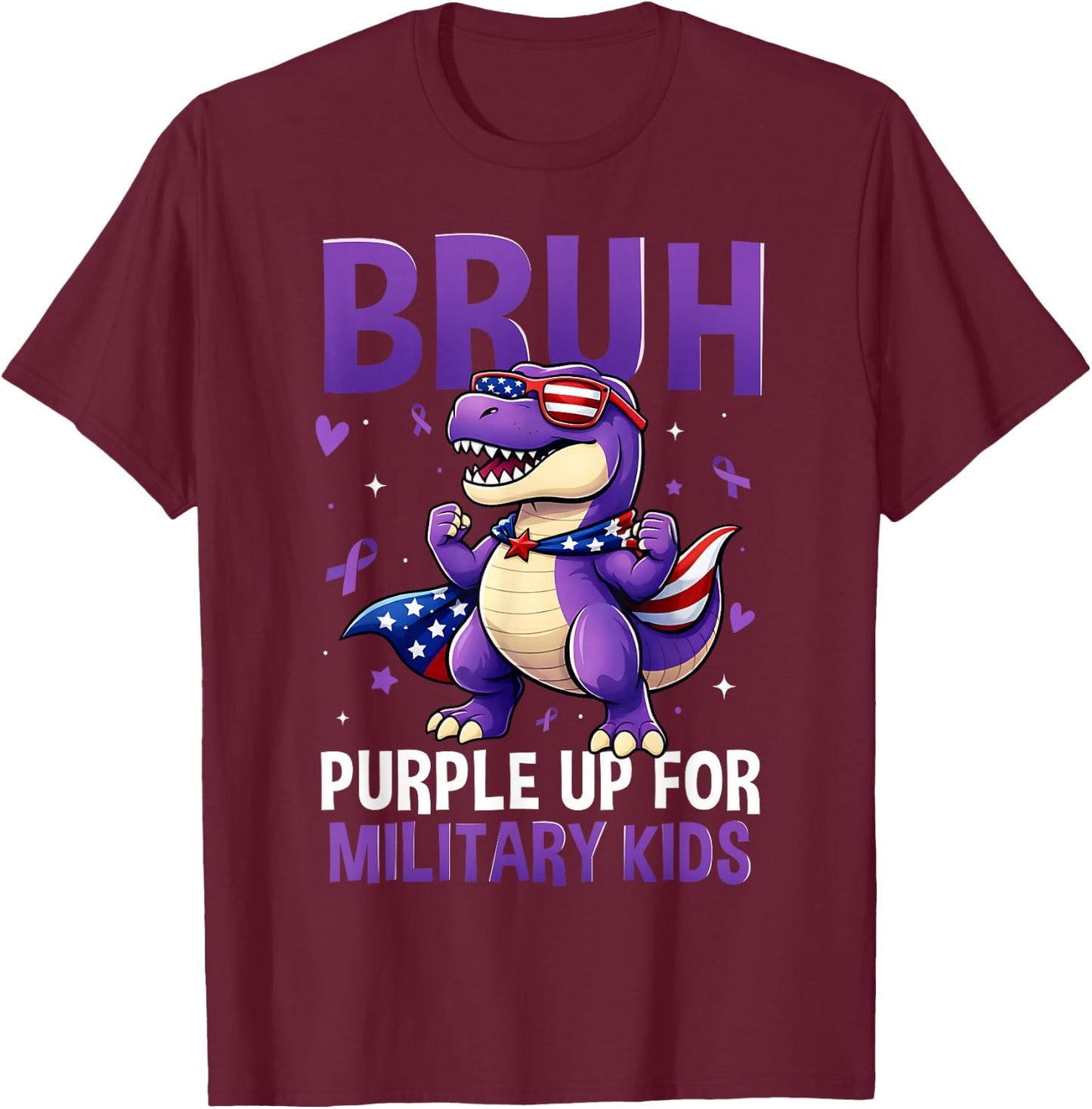 Bruh Purple Up for Military Kids Military Child Dinosaur T-Shirt - T-Shirt | Maroon