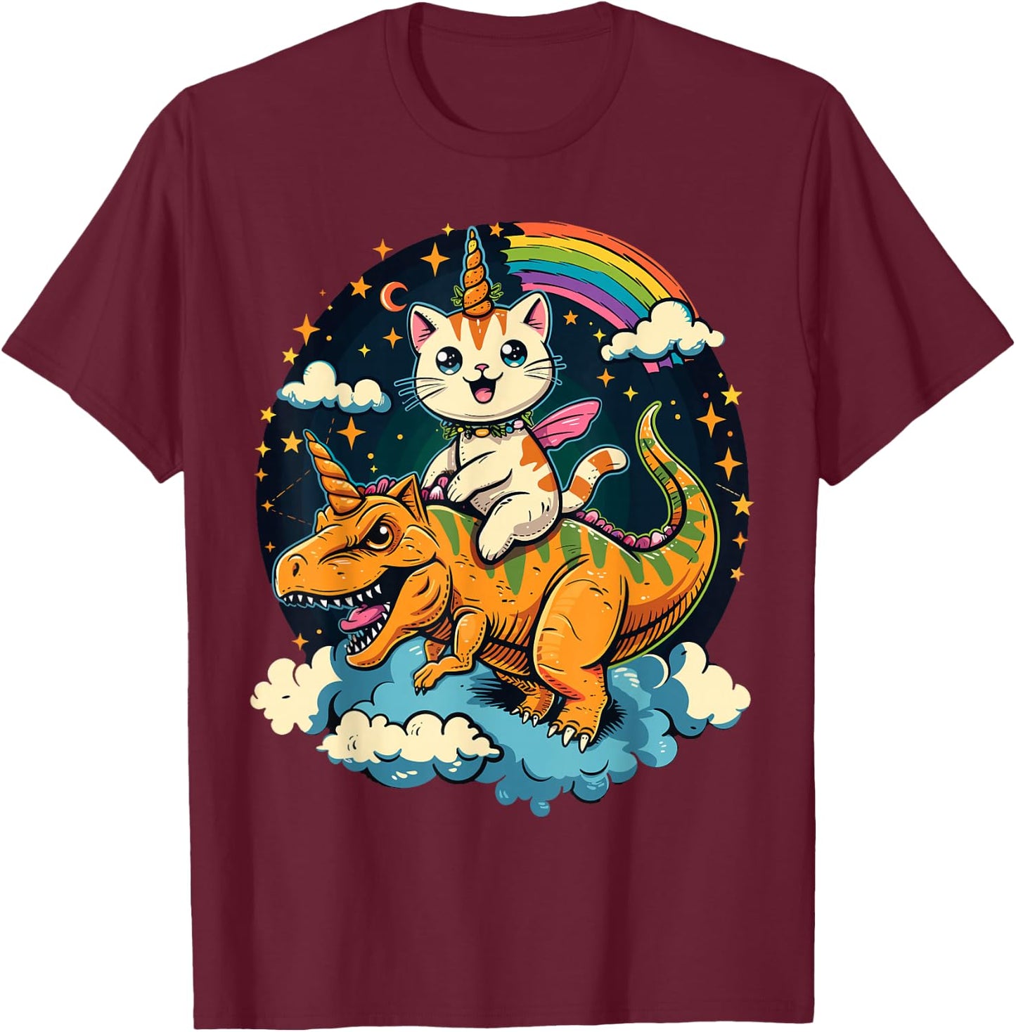 Cat Riding Dinosaur Kitten Lover Space Galaxy T-Shirt - T-Shirt | Maroon