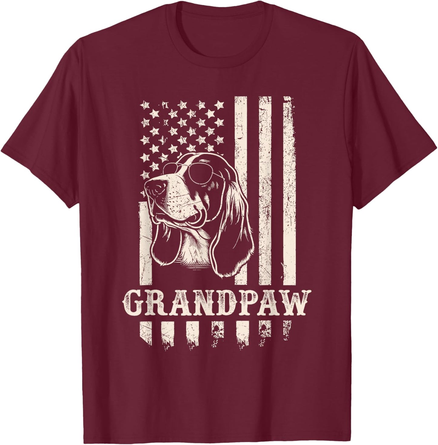 Grandpaw Basset Hound American Flag Sunglasses Retro Grandpa T-Shirt - T-Shirt | Maroon