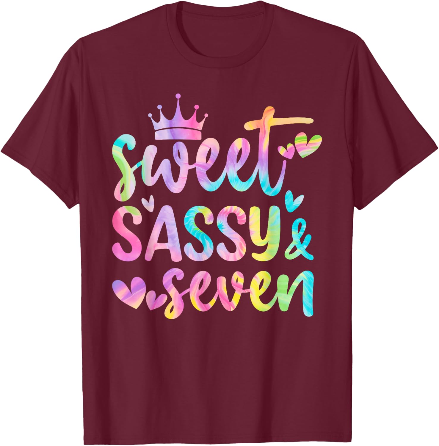 Sweet Sassy and Seven Girls Birthday Tie Dye 7 Year Old Kids T-Shirt - T-Shirt | Maroon