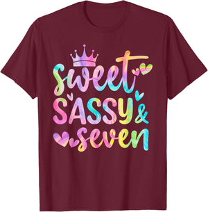 Sweet Sassy and Seven Girls Birthday Tie Dye 7 Year Old Kids T-Shirt - T-Shirt | Maroon