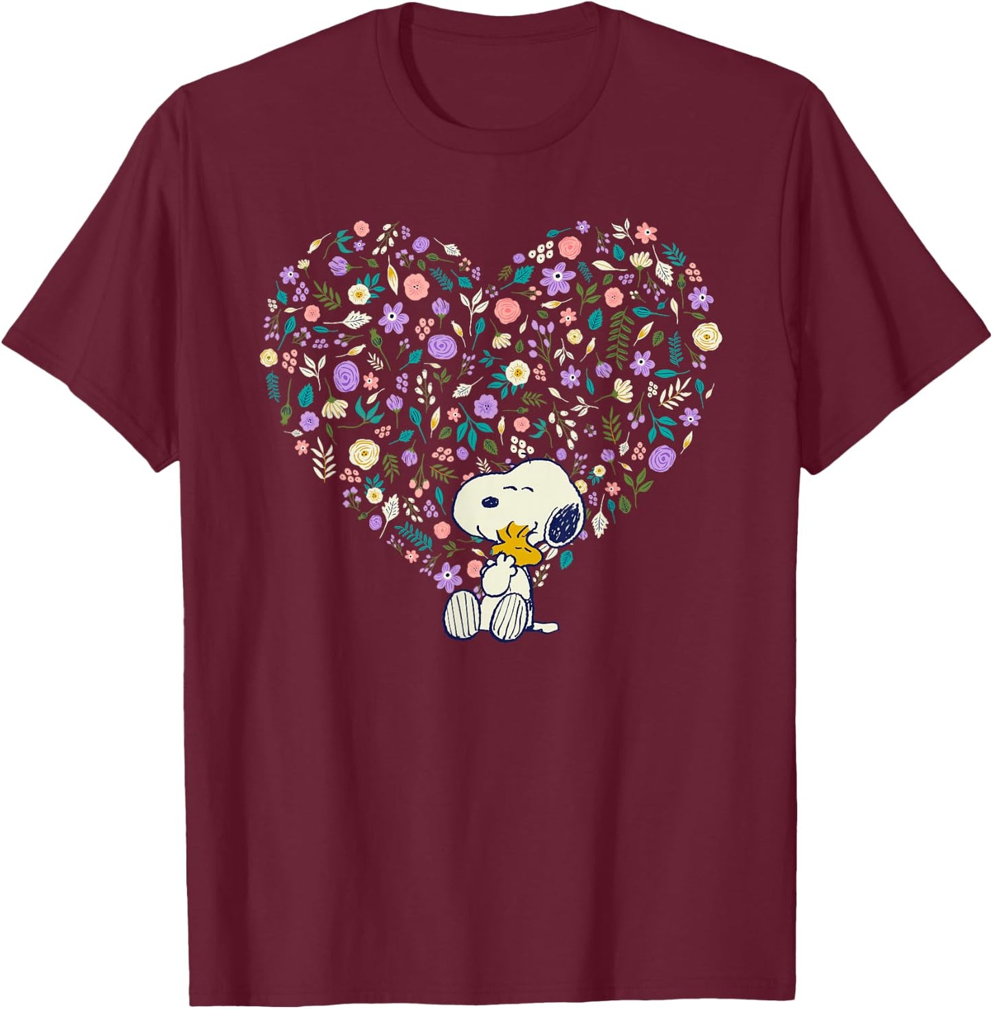 Peanuts Snoopy & Woodstock Hug Heart Floral T-Shirt - T-Shirt | Maroon