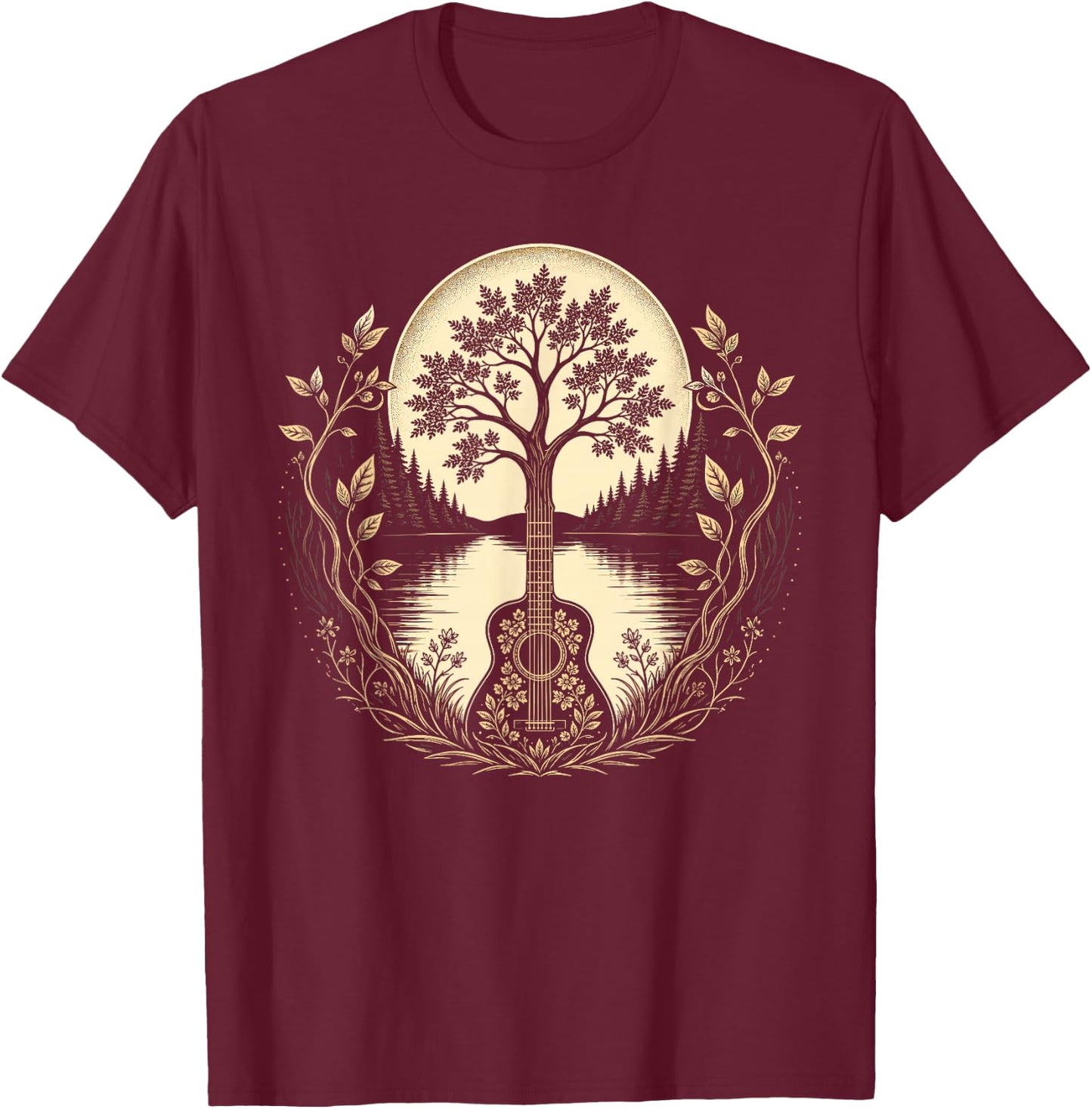 Acoustic Guitar Tree By The Lake Moon Botanical T-Shirt - T-Shirt | Maroon