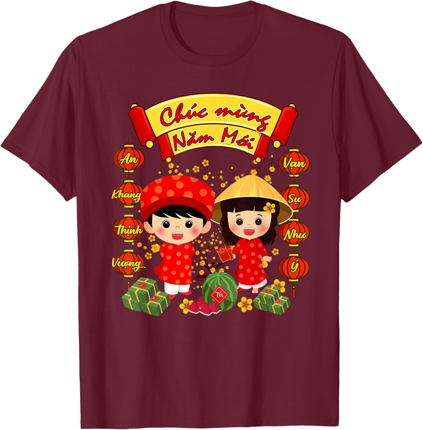 Chuc Mung NAM Moi Boy Girl Ao Dai Vietnamese TET Li Xi Me T-Shirt - T-Shirt | Maroon
