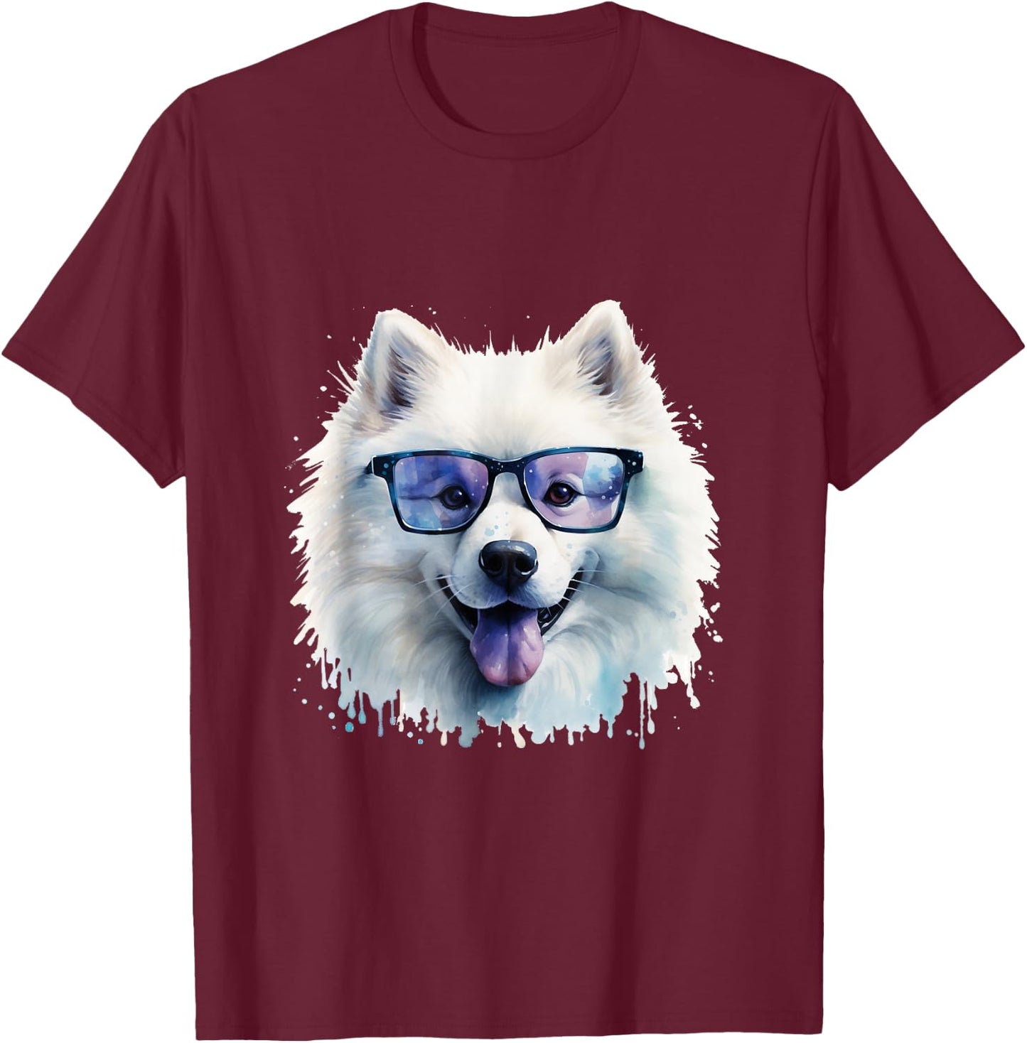 Samoyed Dog Wearing Glasses Watercolour T-Shirt - T-Shirt | Maroon