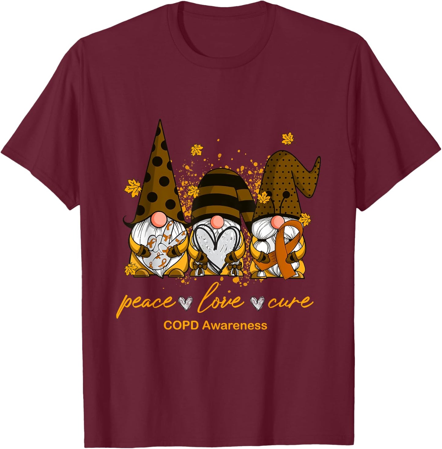 Peace Love Cure Three Gnomes Orange Ribbon COPD Awareness T-Shirt - T-Shirt | Maroon