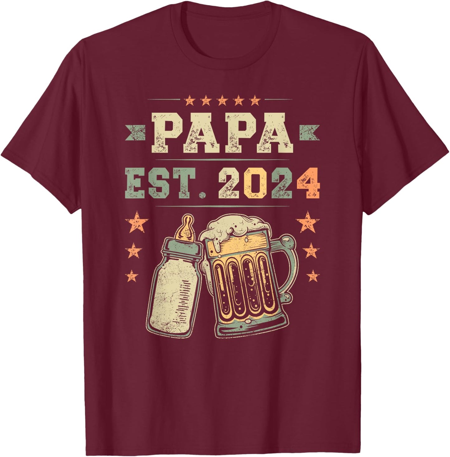 Papa Est. 2024, Neuer Vater, Junger Papa, Erstes Mal Papa T-Shirt - T-Shirt | Maroon