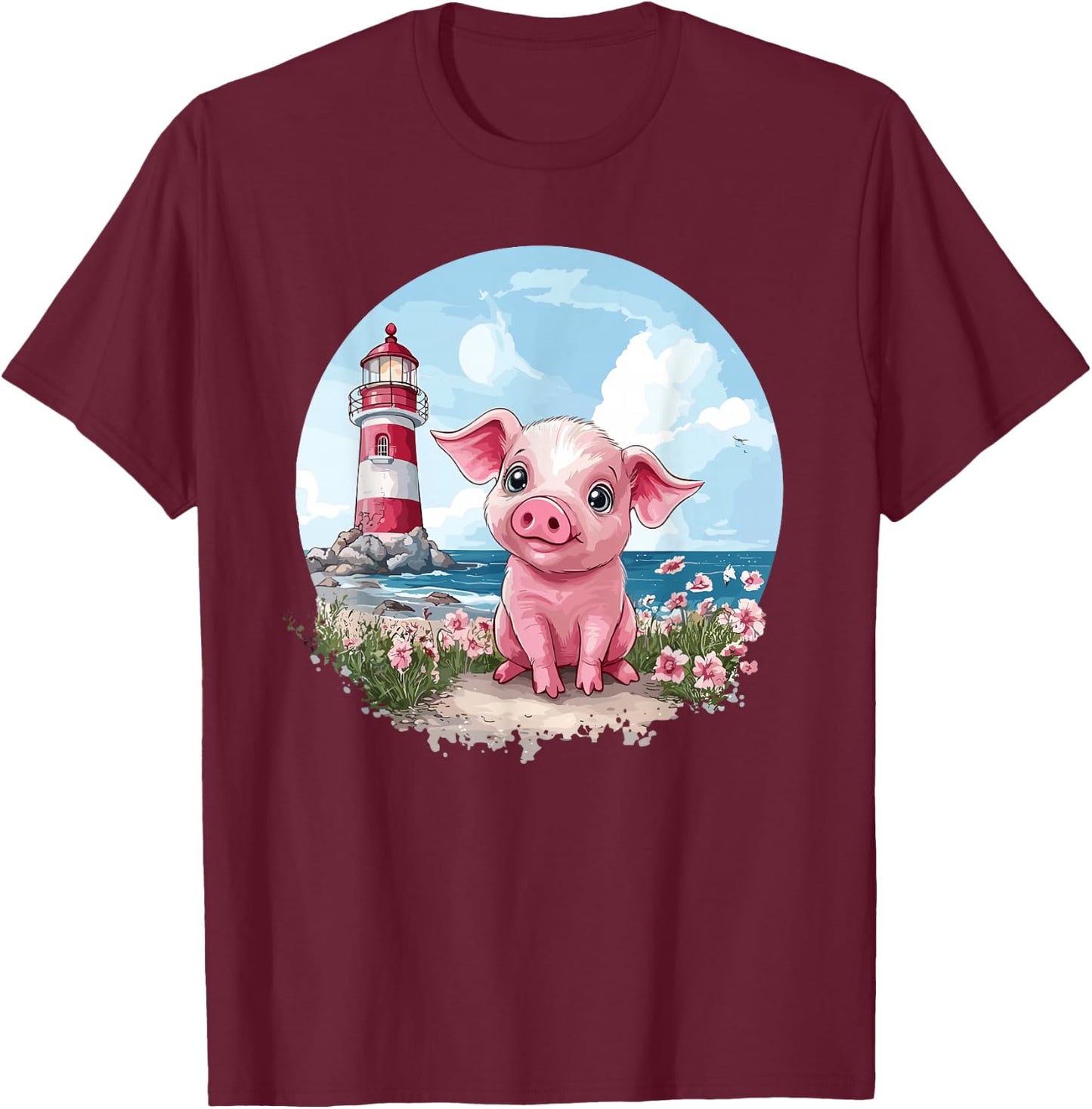 Adorable Piglet By The Lighthouse T-Shirt - T-Shirt | Maroon