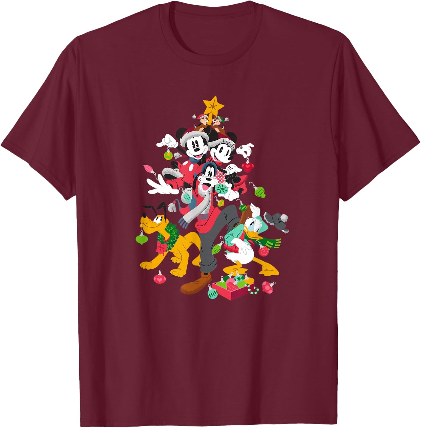Disney Mickey Minnie Goofy Pluto Chip Dale Christmas Tree T-Shirt - T-Shirt | Maroon
