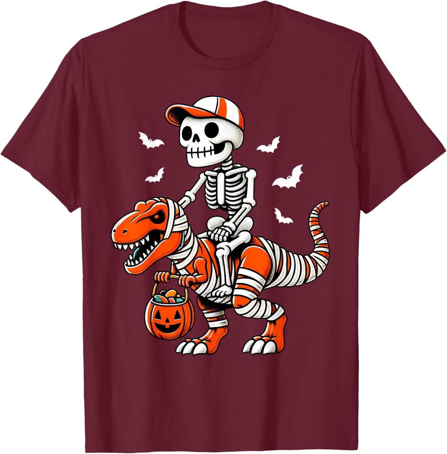 Cool Skeleton T Rex Dino Mummy Toddler Boy Halloween Boy Kid T-Shirt - T-Shirt | Maroon