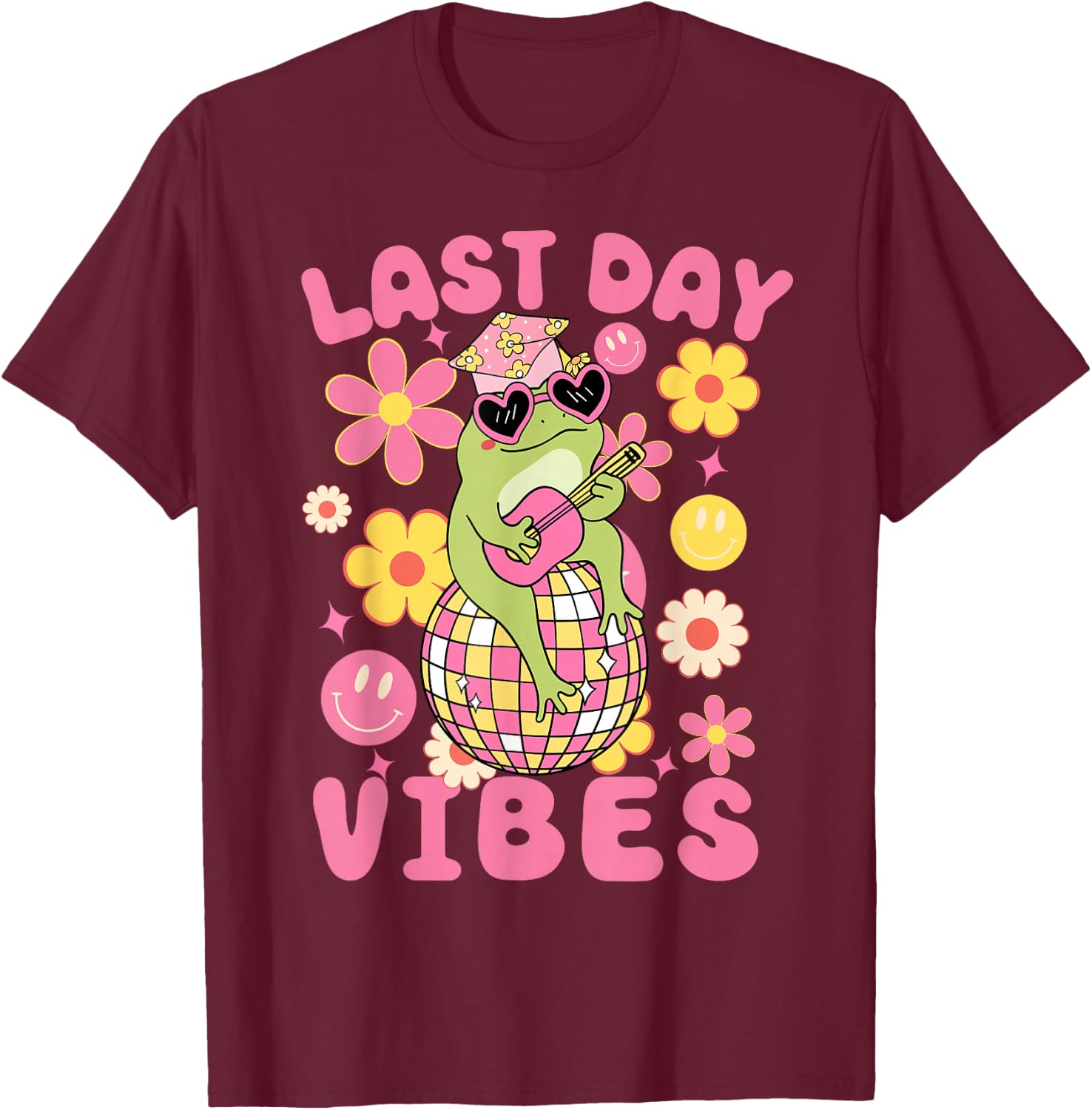 Last Day Of School Vibes-Groovy Frog and Flowers Girls Kids T-Shirt - T-Shirt | Maroon