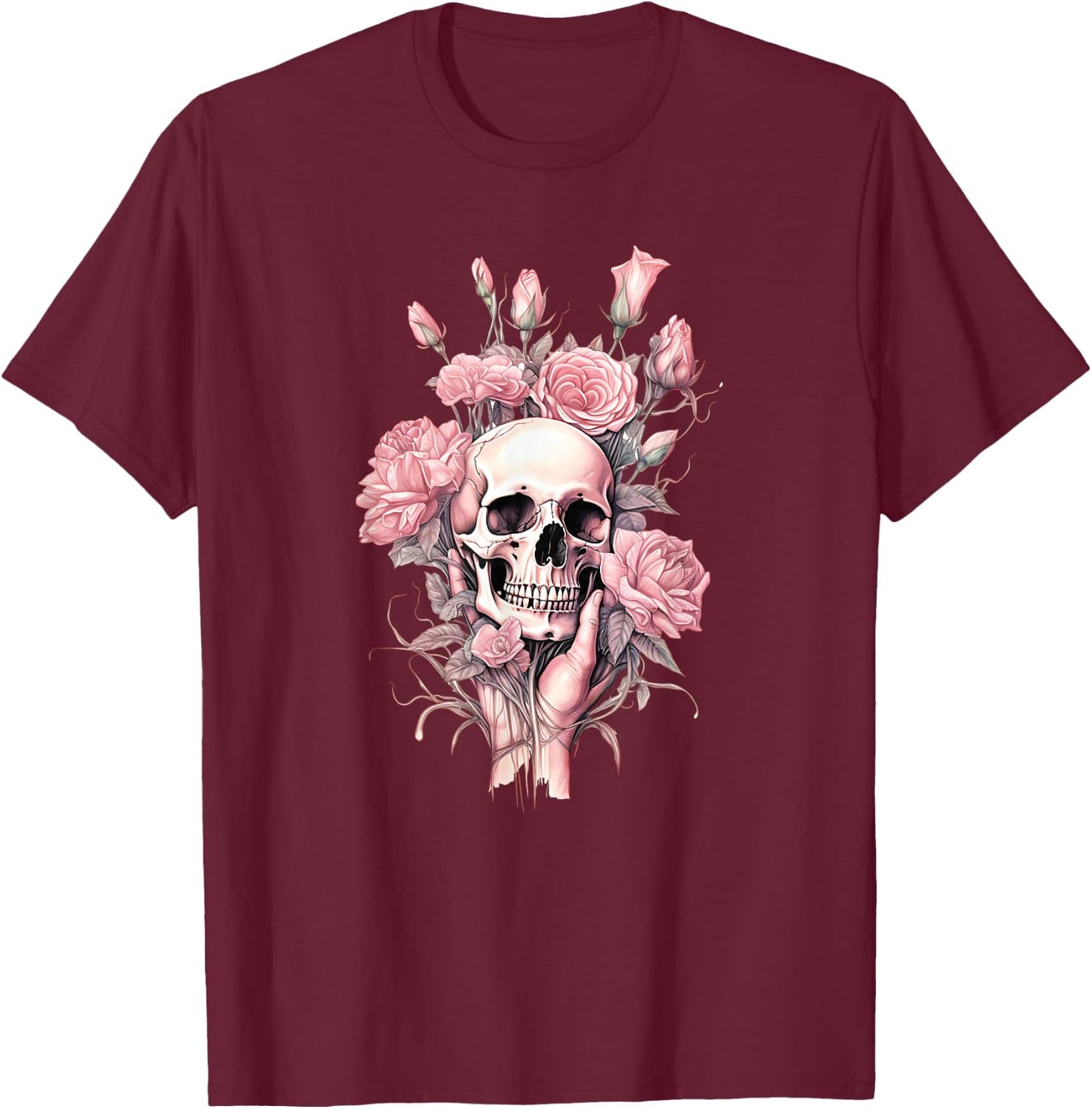 Rose Skull Skeleton Design for Girls & Women in Pink , black T-Shirt - T-Shirt | Maroon