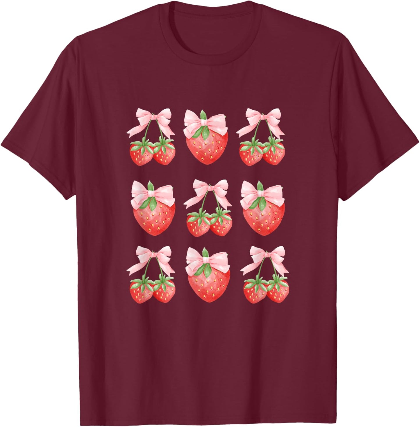 Cute Pink Bow Coquette Strawberry Clean Girl Aesthetic T-Shirt - T-Shirt | Maroon