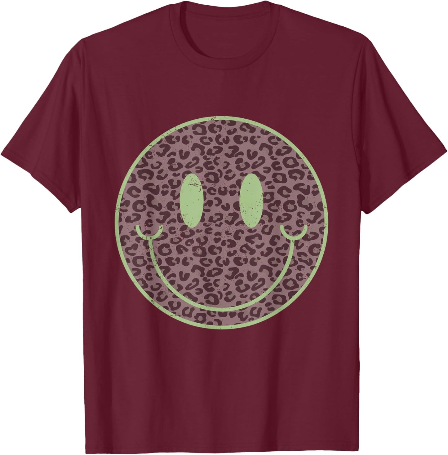Happy Face Retro Aesthetic Leopard Smile Face Women Men T-Shirt - T-Shirt | Maroon