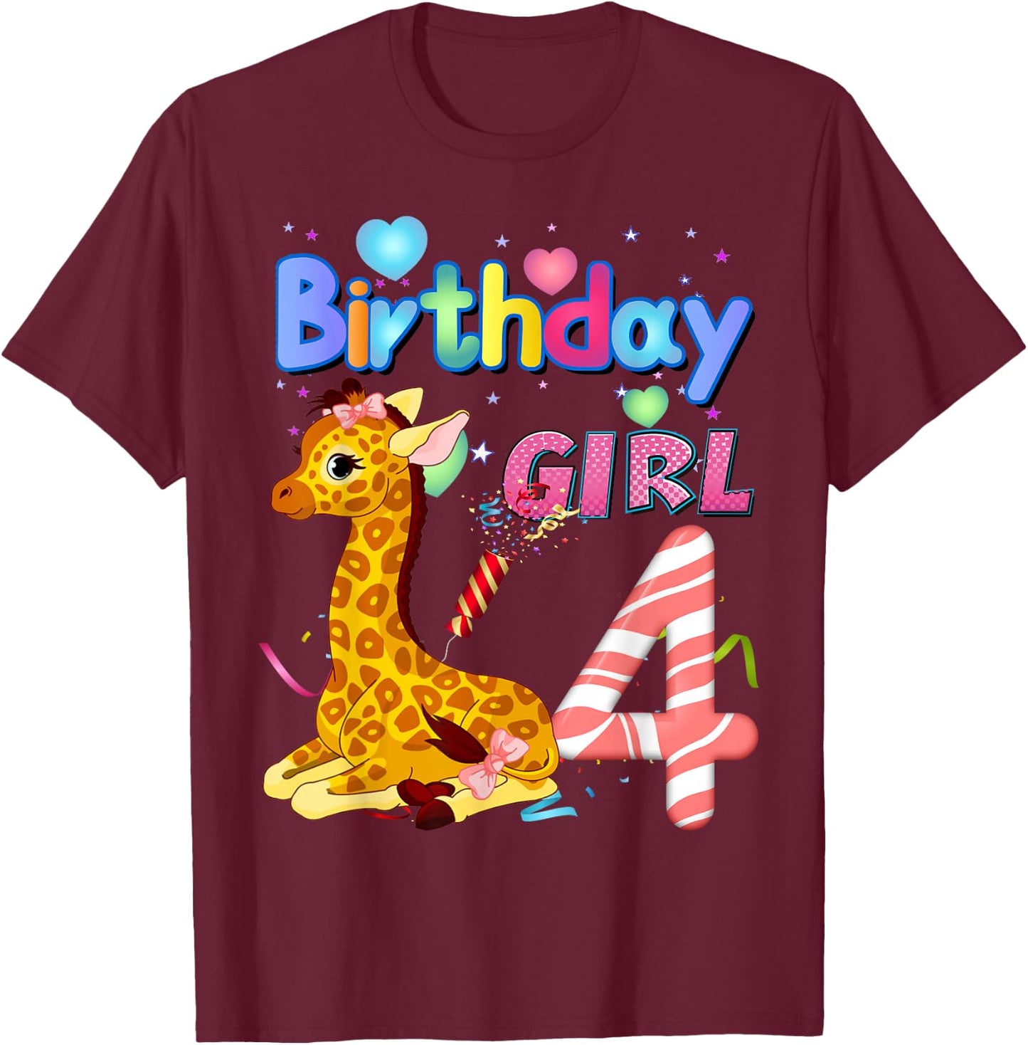 Giraffe Birthday For Girl 4th Giraffe Birthday 4 Year Old) T-Shirt - T-Shirt | Maroon