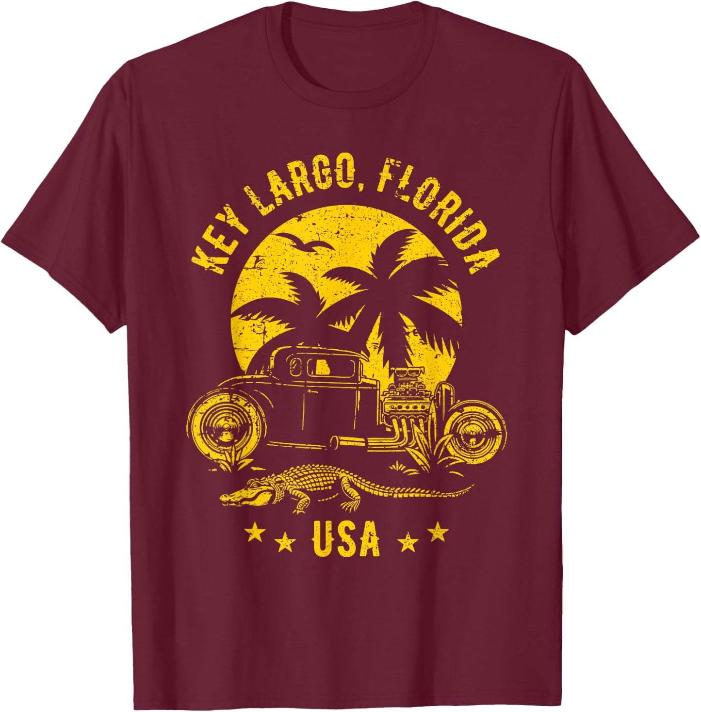 Key Largo Florida Sunset Hotrod Distressed Design , Black, S T-Shirt - T-Shirt | Maroon