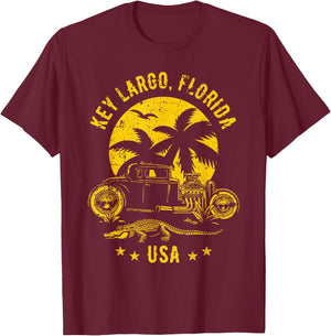 Key Largo Florida Sunset Hotrod Distressed Design , Black, S T-Shirt - T-Shirt | Maroon