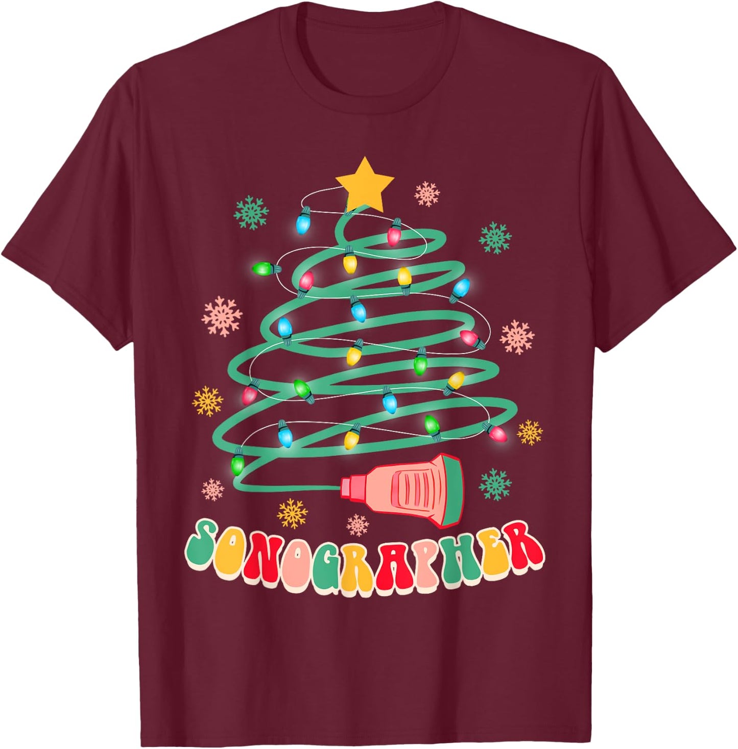 Xmas Vibes Sonographer Ultrasound Tech -Adults , Black, Small, Short Sleeve, Christmas-themed T-Shirt - T-Shirt | Maroon