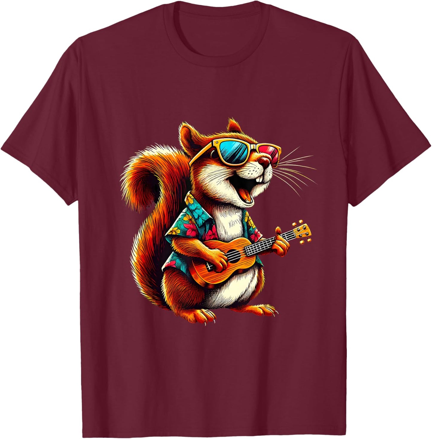Squirrel Wearing a Hawaiian Shirt, Playing a Ukulele T-Shirt - T-Shirt | Maroon